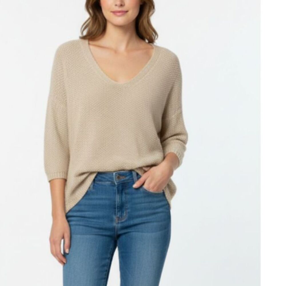 Zara Women's Tan Beige Shaker Knit Relaxed Fit V-neck 3/4 Sleeve Tunic Sweater M